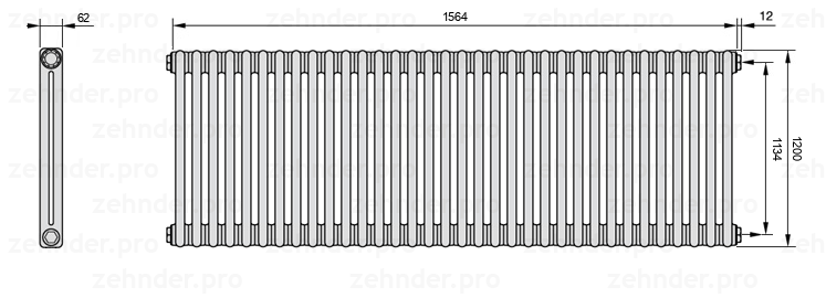 Схема (чертеж) Радиатор Zehnder Charleston 2120/34 №7610 Белый глянцевый RAL 9016